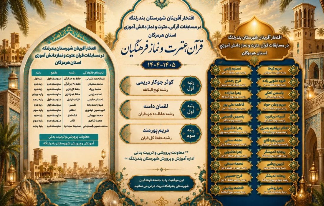 درخشش کاروان قرآنی آموزش‌وپرورش بندرلنگه؛کسب ۳۱ رتبه استانی در چهل و چهارمین دوره مسابقات قرآن، عترت و نماز توسط دانش‌آموزان و فرهنگیان